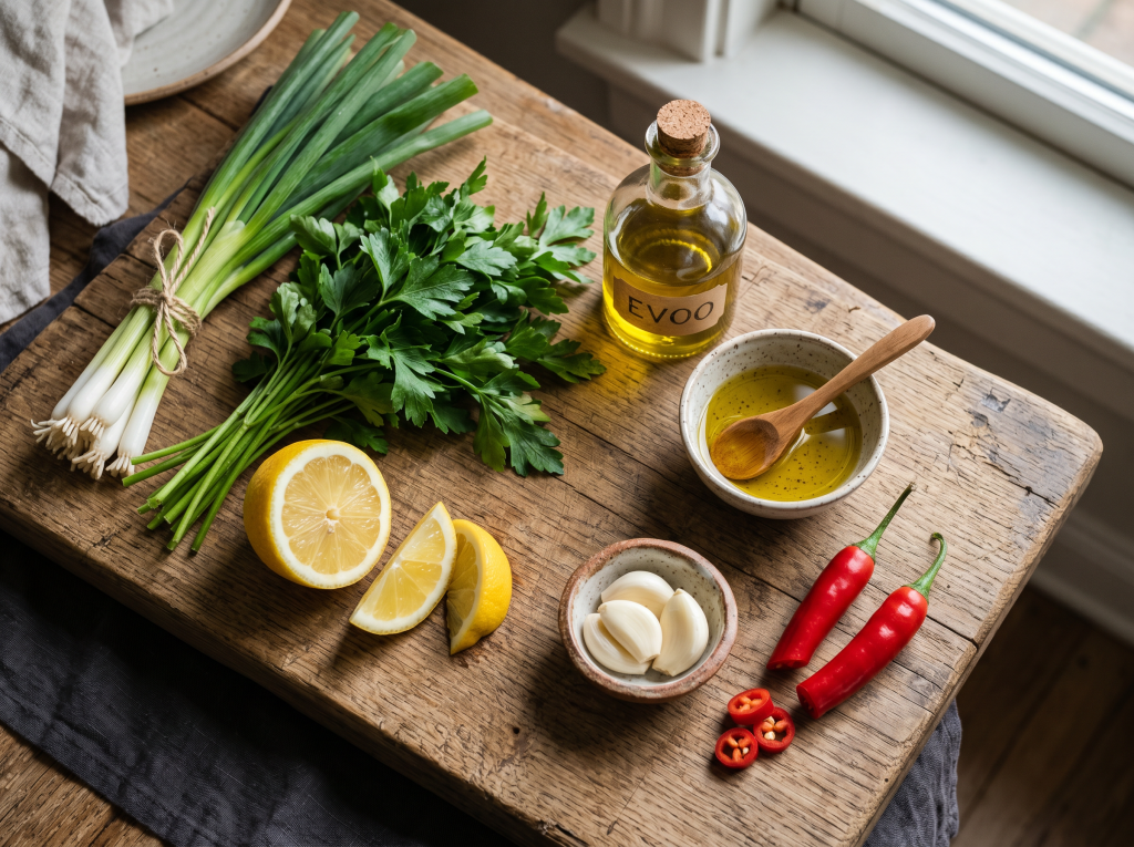 Ingrédients sauce chien antillaise : cive, persil, ail, piment végétarien, citron.