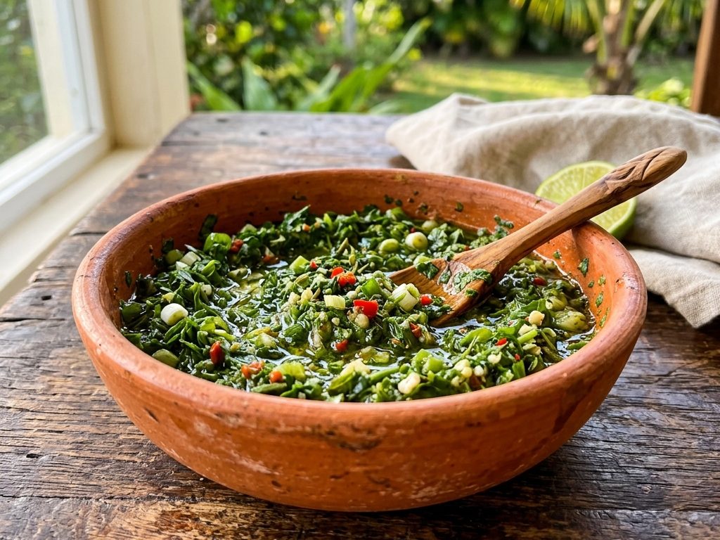 recette sauce chien antillaise dans un bol, herbes fraîches et piment.