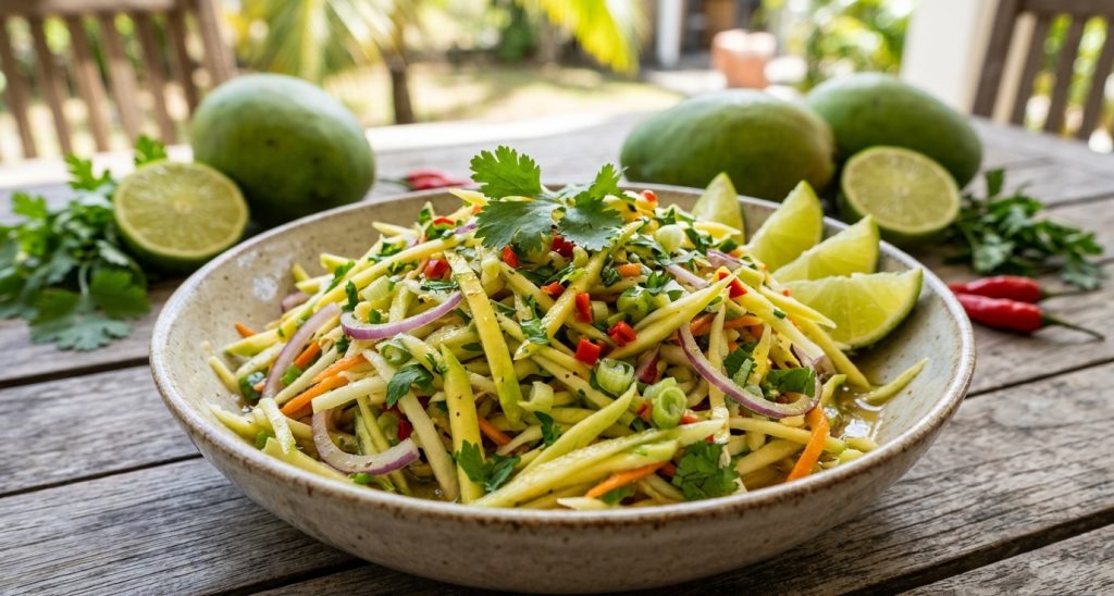 Souskaï de mangue verte antillais traditionnel servi dans un bol en terre cuite